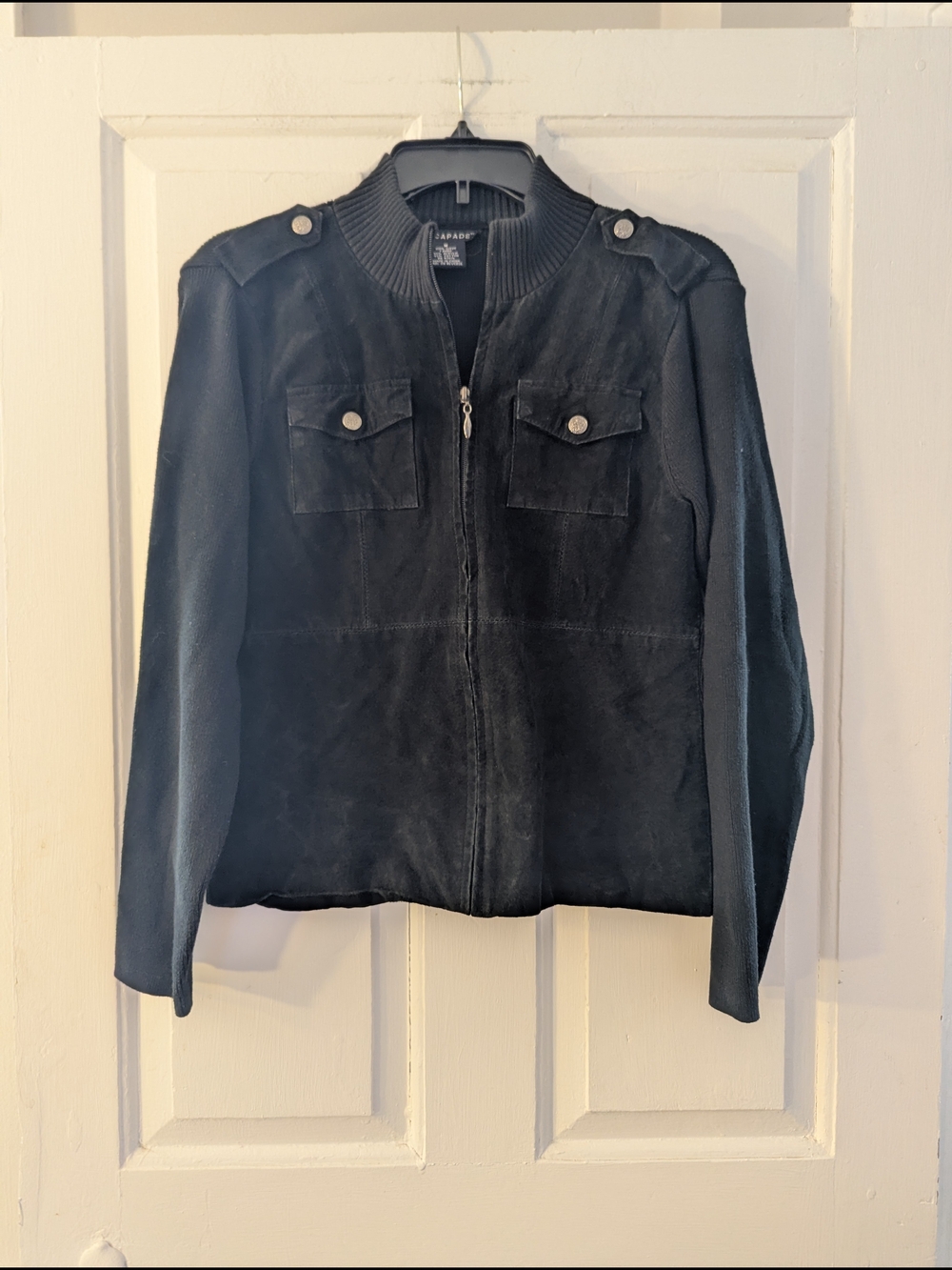 St. John Black Suede & Knit Bomber Jacket